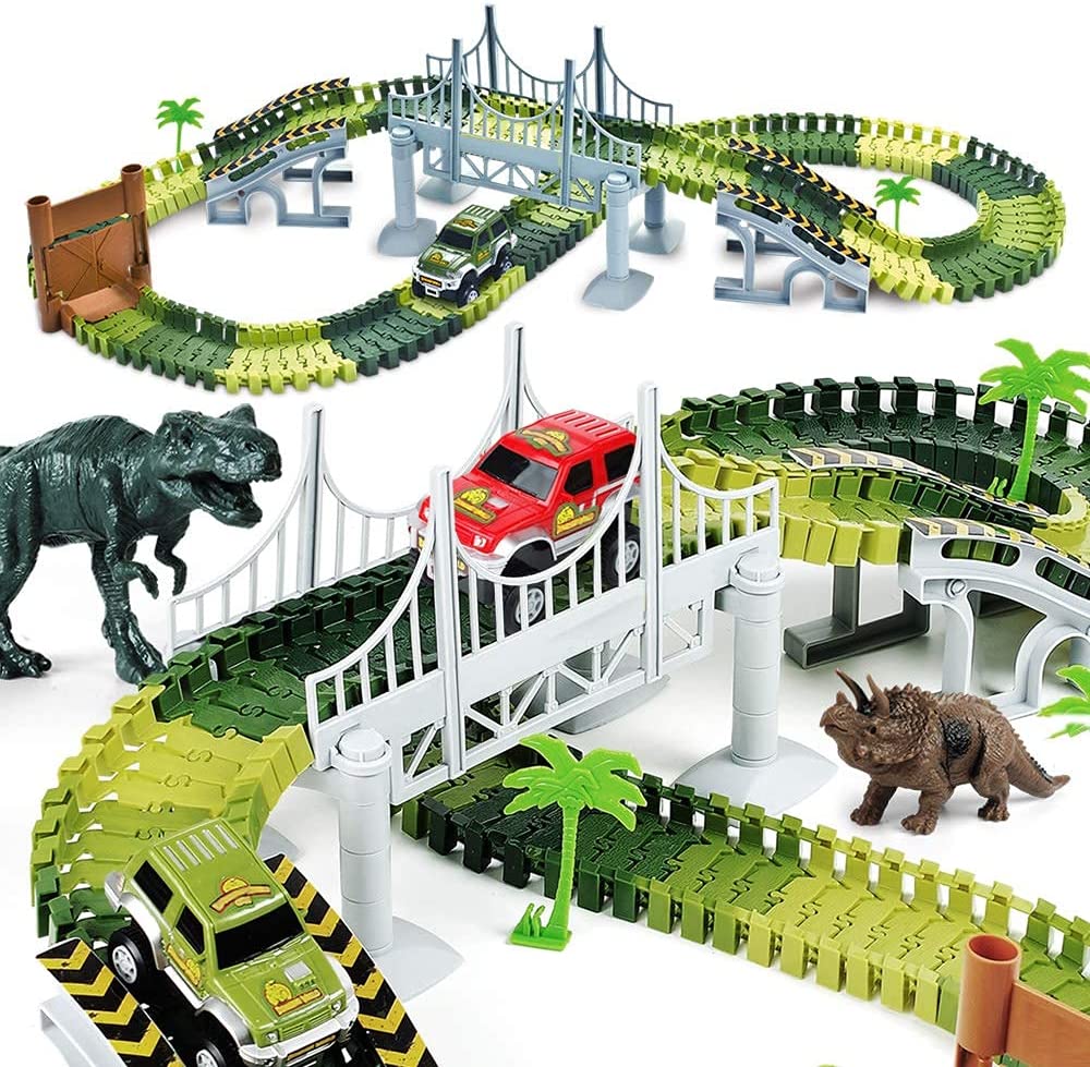 AUUGUU Kids Dinosaur Race Car Track with Flexible Track, Dino Toys, Bridge, Ramps and 2 Race Car Toys – Prehistoric Race Track for Kids Age 3-5