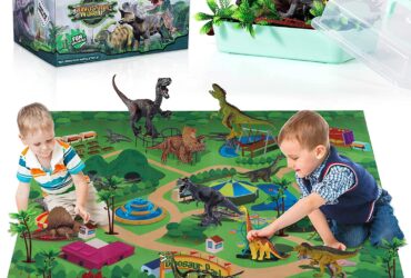 TEMI Dinosaur Toy Figure w/ Activity Play Mat & Trees, Educational Realistic Dinosaur Playset to Create a Dino World Including T-Rex, Triceratops, Velociraptor, Perfect Gifts for Kids, Boys & Girls