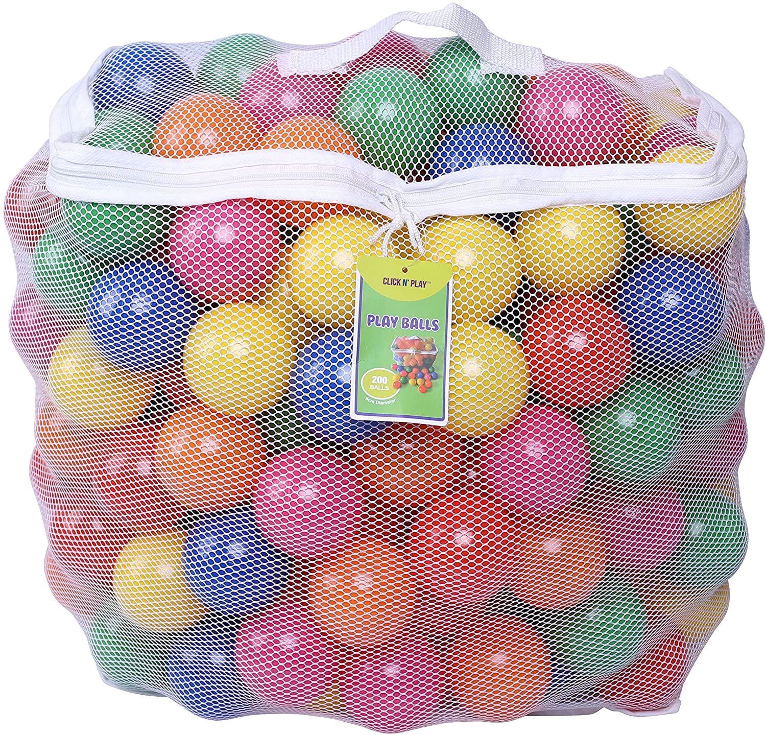 Click N' Play Pack of 200 Phthalate Free BPA Free Crush Proof Plastic Ball, Pit Balls – 6 Bright Colors in Reusable and Durable Storage Mesh Bag with Zipper