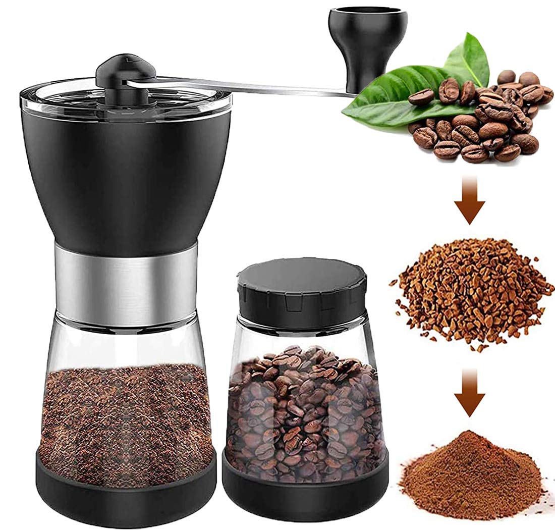 Verilux® Coffee Grinder with 2 Glass Jars Ceramic Burr Stainless Steel Handle, Manual Coffee Beans Grinder withfor Aeropress, Drip Coffee, Espresso, French