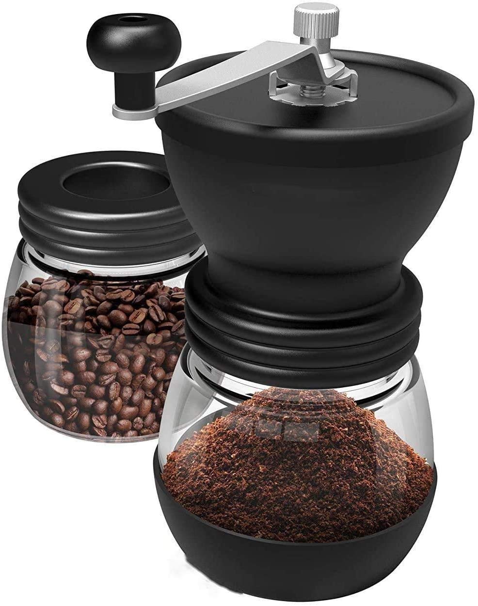 Jeeone Manual Coffee Bean Grinder, Hand Coffee Mill with 2 Glass Jars Ceramic Burr Stainless Steel Handle for Aeropress, Drip Coffee, Espresso