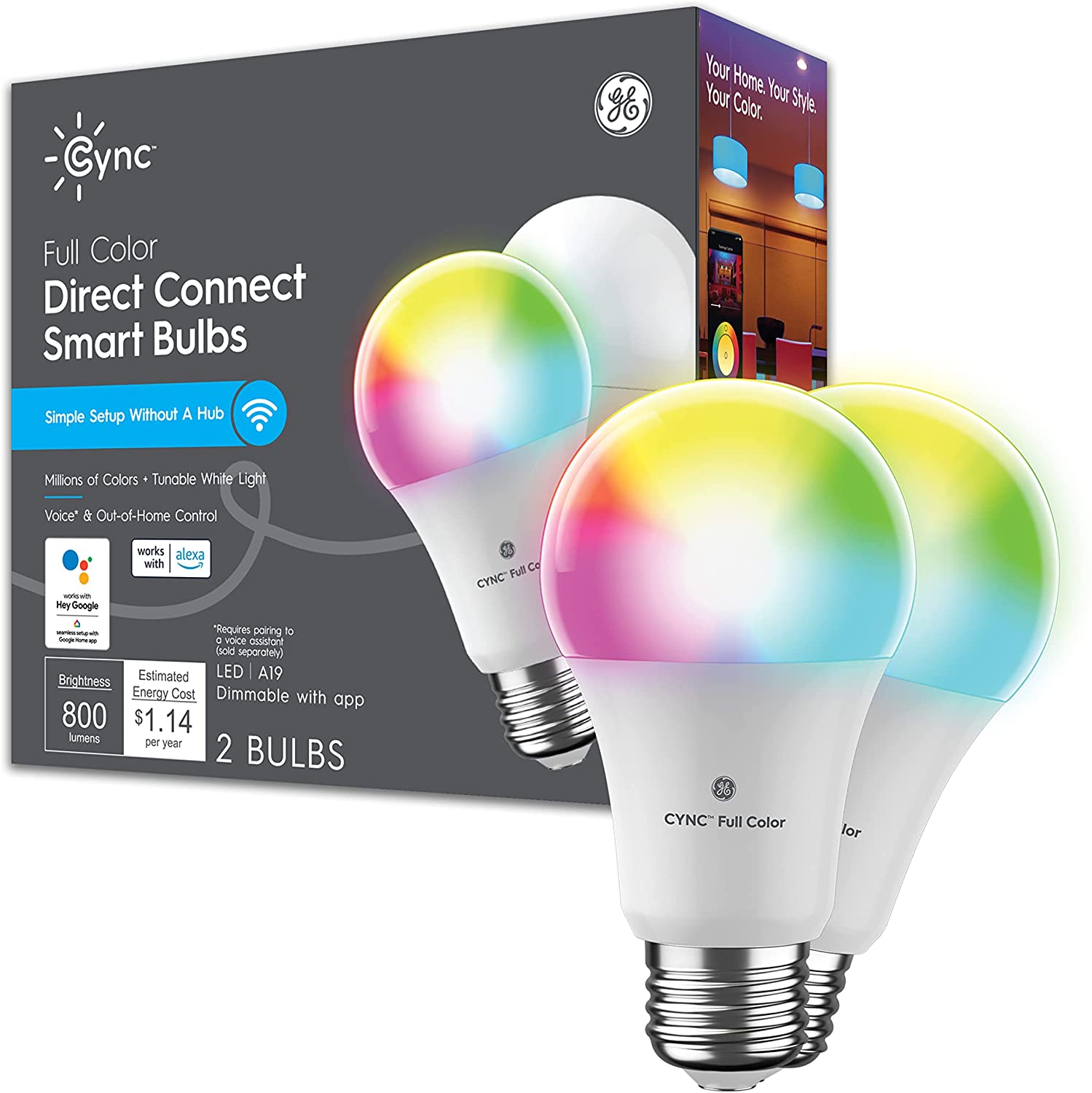 GE CYNC Smart LED Light Bulbs, Color Changing, Bluetooth and Wi-Fi Enabled, Alexa and Google Assistant Compatible, Dimmable, Standard Bulb Shape (2 Pack), Packaging May Vary