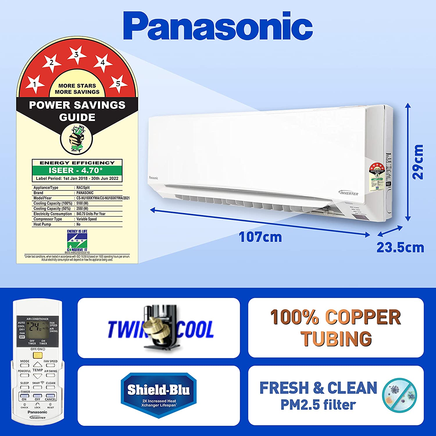 Panasonic 1.5 Ton 5 Star Wi-Fi Twin-Cool Inverter Split Air Conditioner (Copper, Shield Blu Anti-Corrosion Technology, PM 2.5 Air Purification, 2022 Model, CS/CU-NU18XKYWA, White)