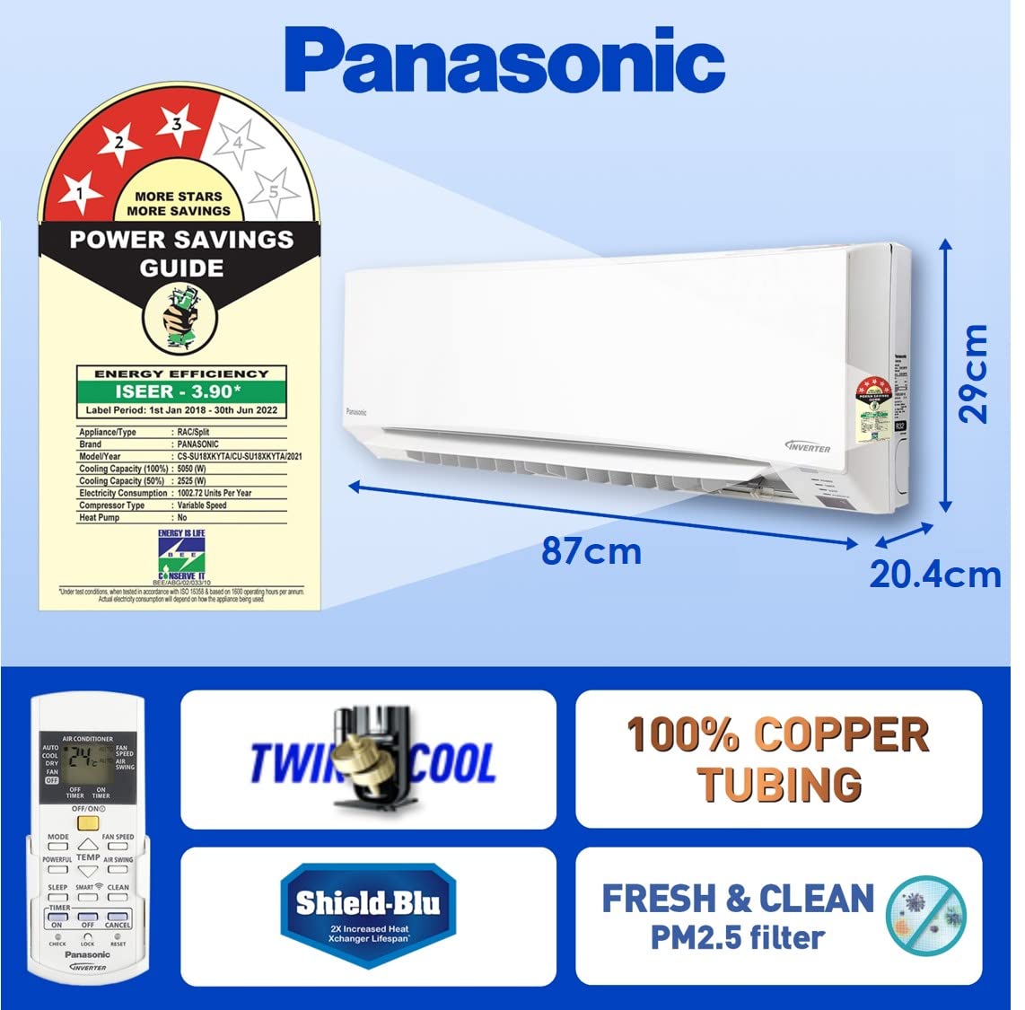 Panasonic 1.5 Ton 3 Star Wi-Fi Twin-Cool Inverter Split Air Conditioner (Copper, Shield Blu Anti-Corrosion Technology, PM 2.5 Air Purification, 2022 Model, CS/CU-SU18XKYTA, White)