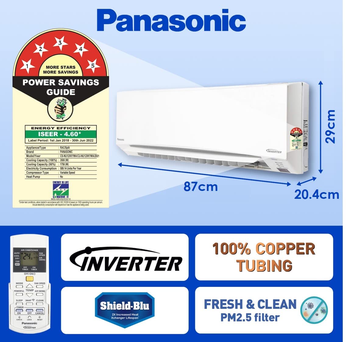 Panasonic 1 Ton 5 Star Wi-Fi Inverter Split Air Conditioner (Copper, Shield Blu Anti-Corrosion Technology, PM 2.5 Air Purification, 2022 Model, CS/CU-NU12XKYWA, White)