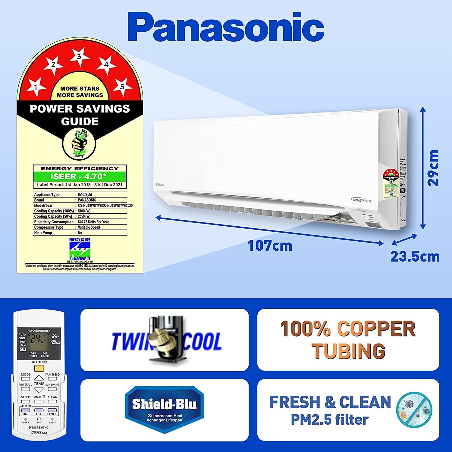 Panasonic 1.5 Ton 5 Star Wi-Fi Twin-Cool Inverter Split Air Conditioner (Copper, Shield Blu Anti-Corrosion Technology, PM 2.5 Air Purification, 2020 Model, CS/CU-NU18WKYW, White)