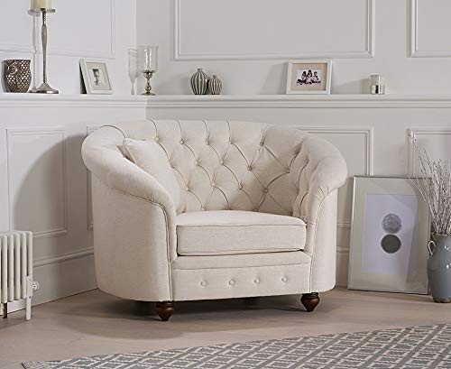 ES ESPINHO ESPN0025 Solid Sal Wood Fabric Button Tufted Sophisticated Elegant Durable & Comfortable 1 Seater Chesterfield Sofa (Single Seater) Off-White Colour (3 Years Warranty)