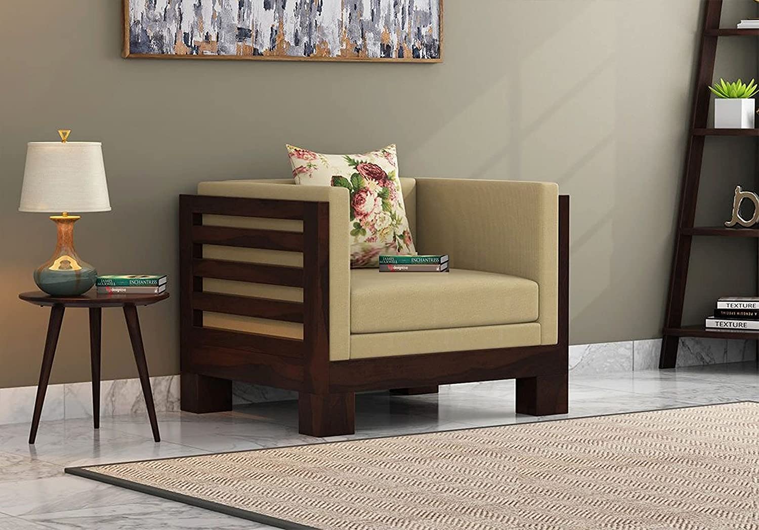 AD Planet Solid Wood Single Seater Sofa for Living Room | 1 Seater Sofa for Office & Lounge | Solid Wood, Walnut Finish Sofa 09