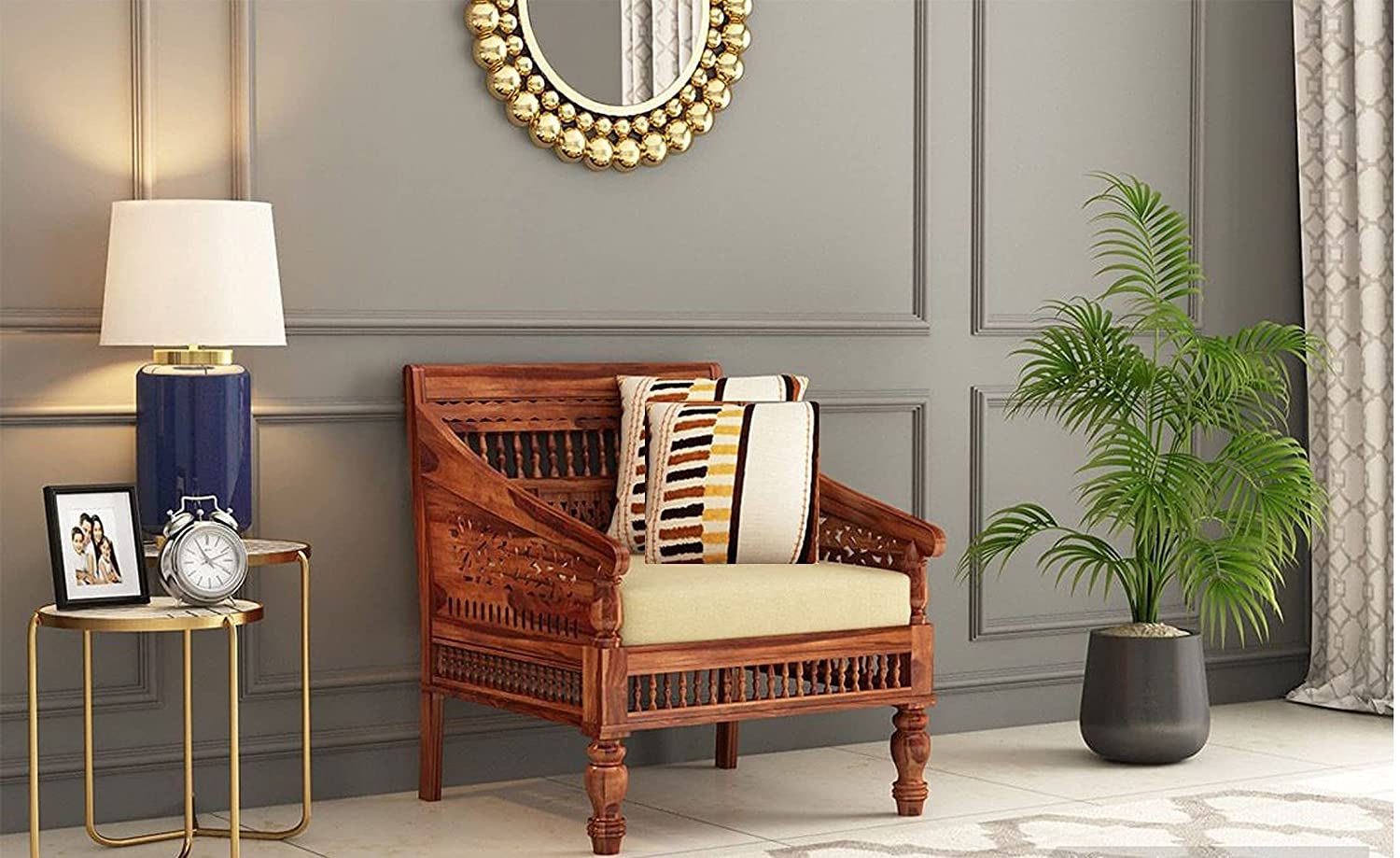 AD Planet Solid Wood Single Seater Sofa for Living Room | 1 Seater Sofa for Office & Lounge | Solid Wood, Honey Finish Sofa 07