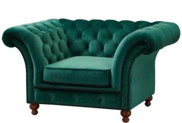 ES ESPINHO ESP140 Solid Sal Wood Velvet Button Tufted Sophisticated, Elegant, Durable & Comfortable 1 Seater Chesterfield Sofa (Single Seater), Green Colour (3 Years Warranty)