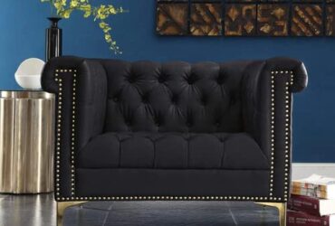 ES ESPINHO ESP153 Solid Sal Wood Leatherette Button Tufted Sophisticated, Elegant, Durable & Comfortable 1 Seater Chesterfield Sofa (Single Seater), Black Colour (3 Years Warranty)