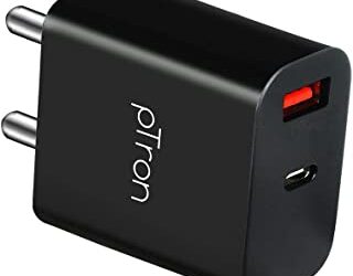 pTron Volta FC15 20W Fast PD/Type-C Charger Adapter with Fast Charging for iPhone 12/12 Pro/12 Mini/12 Pro Max/11/XS/XR/X/8/Plus, iPad Pro/Air/Mini, Galaxy 10/9/8 & Dual Ports (Charger Only) Black