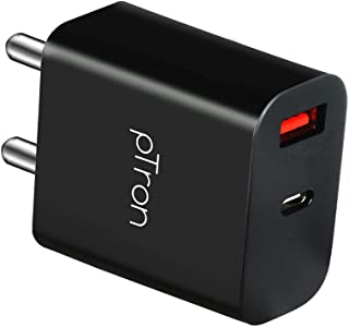 pTron Volta FC15 20W Fast PD/Type-C Charger Adapter with Fast Charging for iPhone 12/12 Pro/12 Mini/12 Pro Max/11/XS/XR/X/8/Plus, iPad Pro/Air/Mini, Galaxy 10/9/8 & Dual Ports (Charger Only) Black