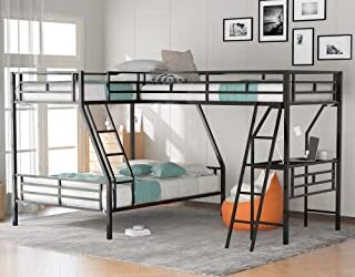 Merax Metal L-Shaped Bunk Bed with a Loft Attached, Triple Bedframe with Desk, Guardrails, and Ladders, Twin Over Full, Black