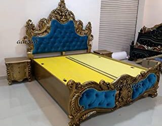 Aarsun Royal Bed with Storage Including 2 Side Tables/Bedside Tables, Handcrafted in Teak Wood, King Size, Gold Paint & Velvet Blue Color Fabric
