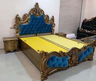 Aarsun Royal Bed with Storage Including 2 Side Tables/Bedside Tables, Handcrafted in Teak Wood, King Size, Gold Paint & Velvet Blue Color Fabric
