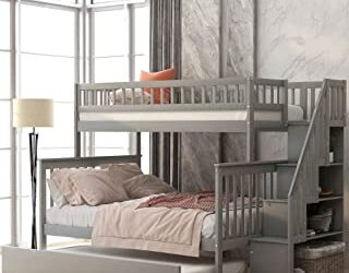 ATY Upgraded Full Bunk Bed with Trundle, Solid Wood Twin Over Size with Storage and Guard Rail, for Kids and Teenagers, Grey