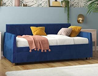 Mr. Kate Daphne Upholstered Daybed with Roll Out Trundle, No Box Spring Needed, Twin/Twin, Blue Velvet
