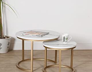 Priti Coffee Table Nesting Side Coffee Tables Set of 2 Golden White Marble Table Top Sturdy Metal Frame Wood