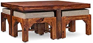 Shekhawati Decor Shree ecoart Solid Sheesham Indian Rosewood Square Table | Center Table with 4 Stool – (Natural Teak)