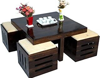 Shekhawati Decor Decoart Solid Sheesham Indian Rosewood Square Table | Center Table with 4 Stool – (Walnut)