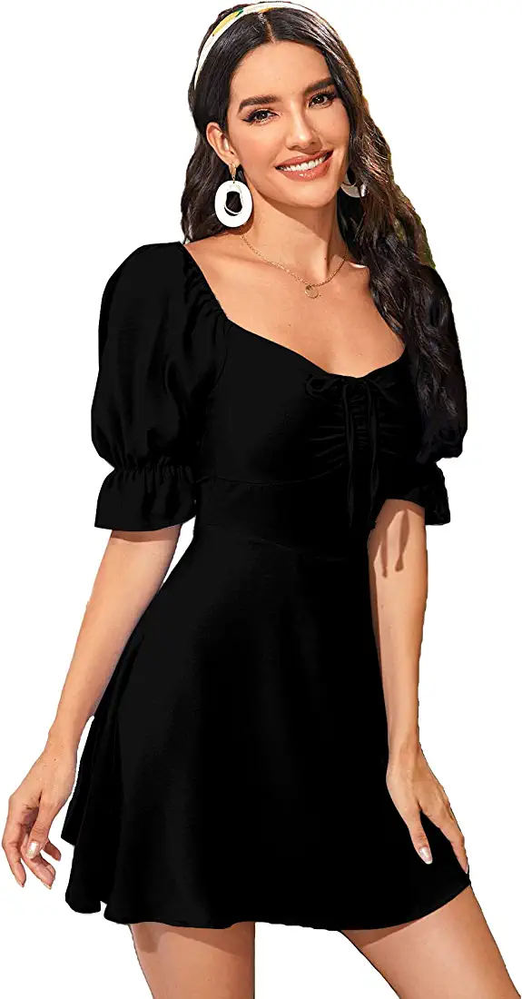 Aahwan Women's & Girls' Black Solid Ruched Detail A-line Mini Dress