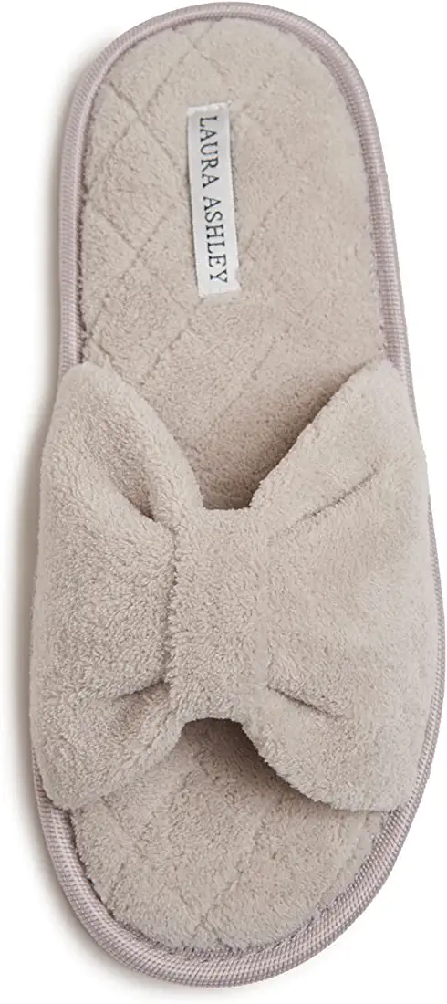 Laura Ashley Ladies Open Toe Spa Slippers with Bow and Memory Foam Insole