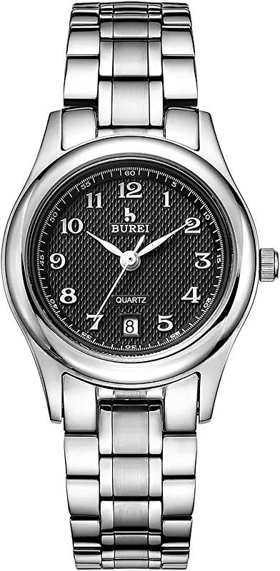 BUREI Women's Date Calendar Quartz Wrist Watches with Arabic Number Analog Black and Silver Stainless Steel Bracelet