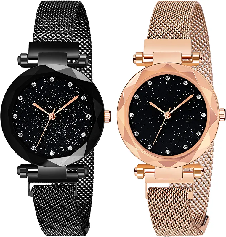 Acnos Black Round Diamond Dial with Latest Generation Purple & Rosegold Magnet Belt Analogue Watch for Women Pack of – 2 (DM-PURPLE-ROSEGOLD05)