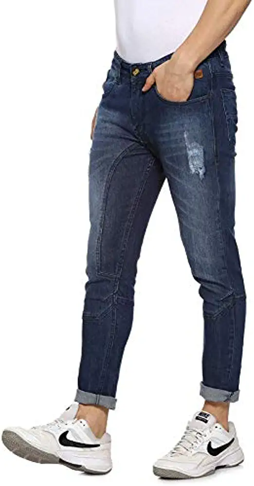 Campus Sutra Men’s Classic Blue Dark-Washed Distressed Patterned Regular Fit Denim Jeans Premium Stretchable Cotton Mid-Rise Crafted with Comfort Fit and High Performance for Everyday Wear