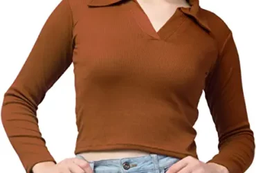 TREND LEVEL Ribbed Polo Collar Full Sleeves Tops for Women