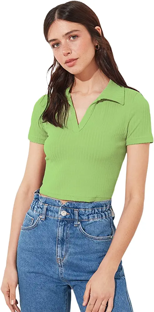 SIGHTBOMB Ribbed Polo Collar Extended Sleeves Tops for Women