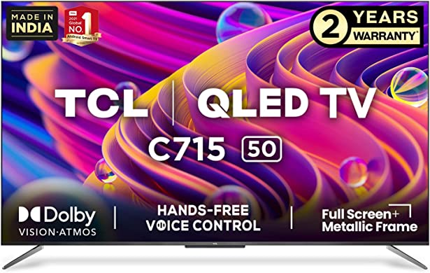 TCL 125.7 cm (50 inches) Remote Less Voice Control Edition 4K Ultra HD Certified Android Smart QLED TV 50C715 (Metallic Black)