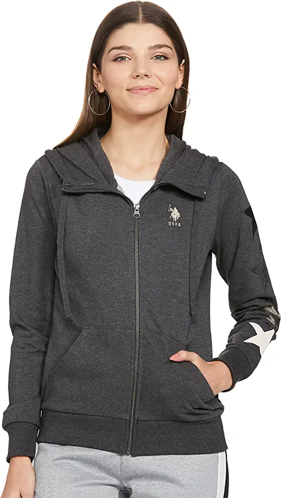 US Polo Association Women Grey Hooded Foil Printed Sweatshirt