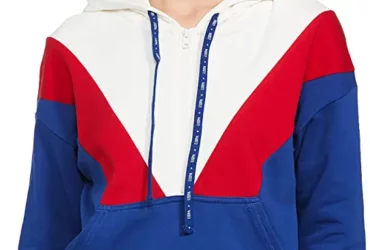 US Polo Association Women Blue and Red Hooded Colour Block Sweatshirt