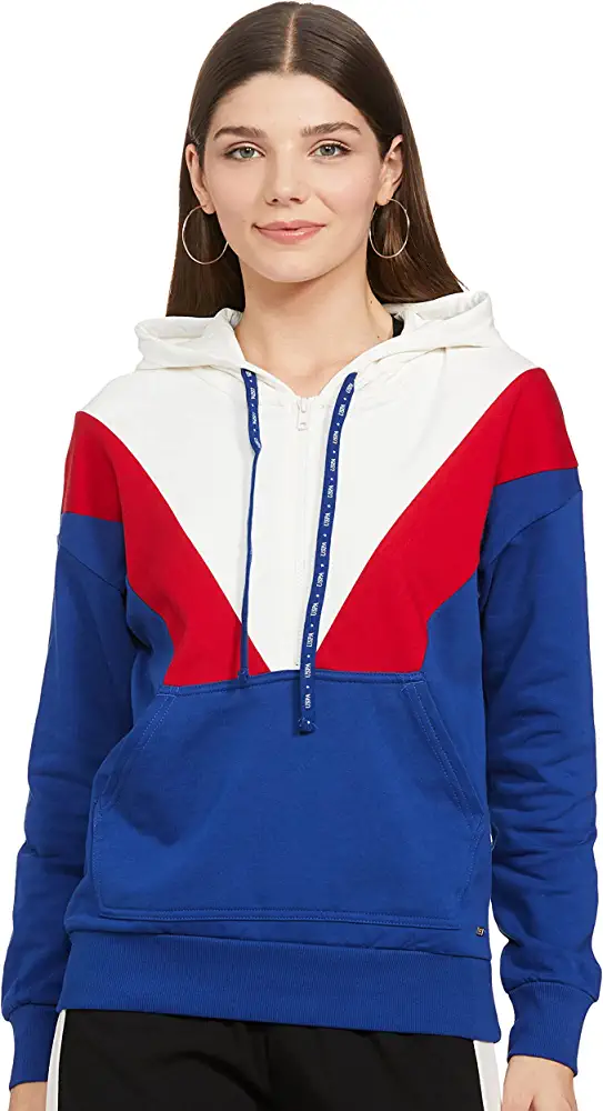 US Polo Association Women Blue and Red Hooded Colour Block Sweatshirt